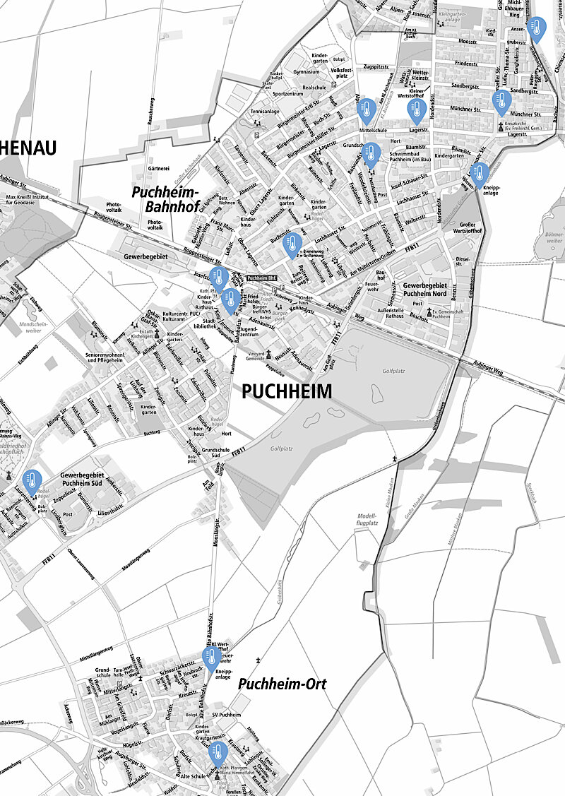 Stadtplan von Puchheim mit Pins an den Kühlen Orten Stadtplan von Puchheim mit Pins an den Kühlen Orten